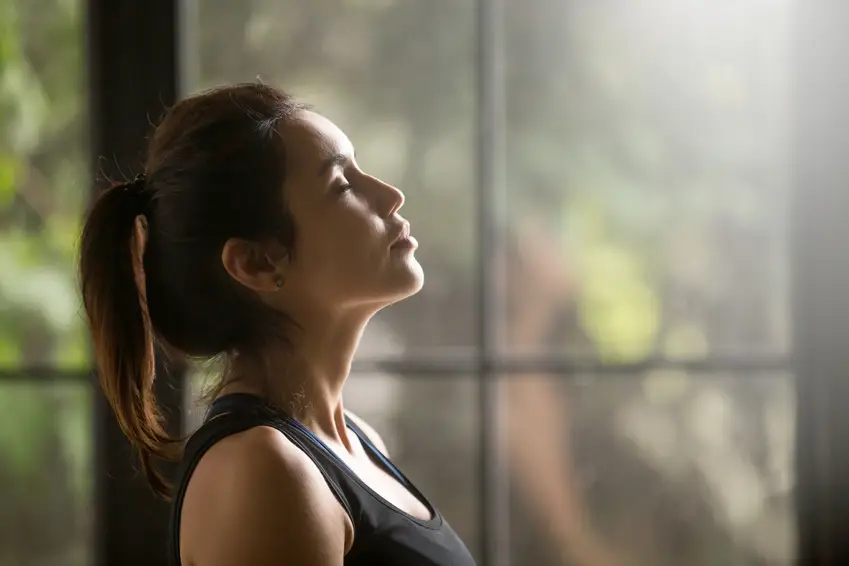 Profile portrait of young attractive yogi woman breathing fresh air, her eyes closed, meditation pose, relaxation exercise, working out wearing black sportswear top, close up image, window background
